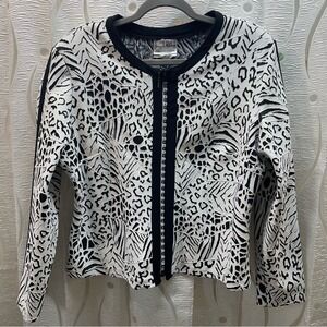 Joseph Ribkoff Animal Print Jacket Women 16 Black White Excellent Zip Rhinestone